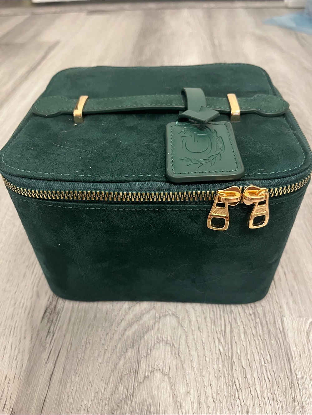G by Guess Dark Green Suede Cosmetic Travel Case with Gold Hardware